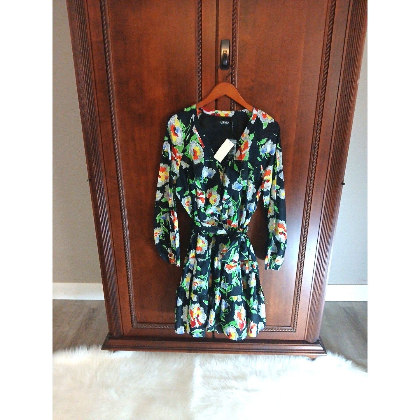 Nwt Lauren Ralph Lauren Women's Size 16 Black Floral Tiered Ruffled Tie Dress